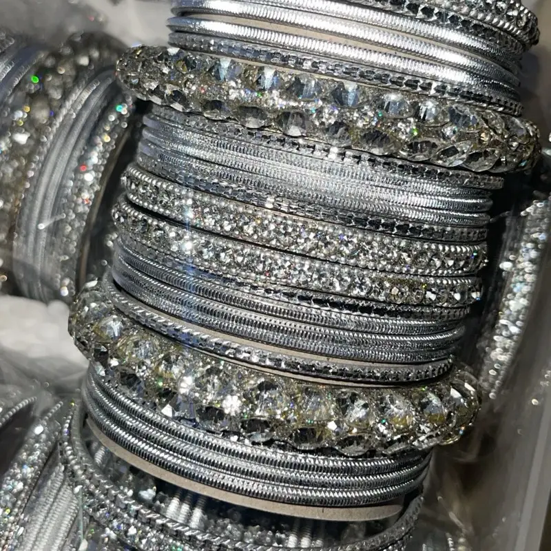 Size 2.6 Elegant Silver Bridal Bangles Set with Rhinestone Accents - 26-Piece Indian Wedding Jewelry Set for Women - Premium Quality Metal & Sparkling Design