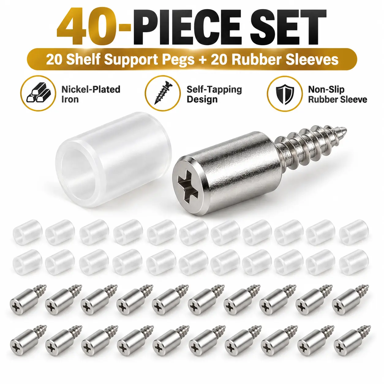 40-Pack Self-Tapping Shelf Support Pegs with Non-Slip Rubber Sleeves, Nickel-Plated Iron Cabinet Shelf Pins for Adjustable Shelving, Kitchen Cabinets, Bookcases, Wardrobes & Closets