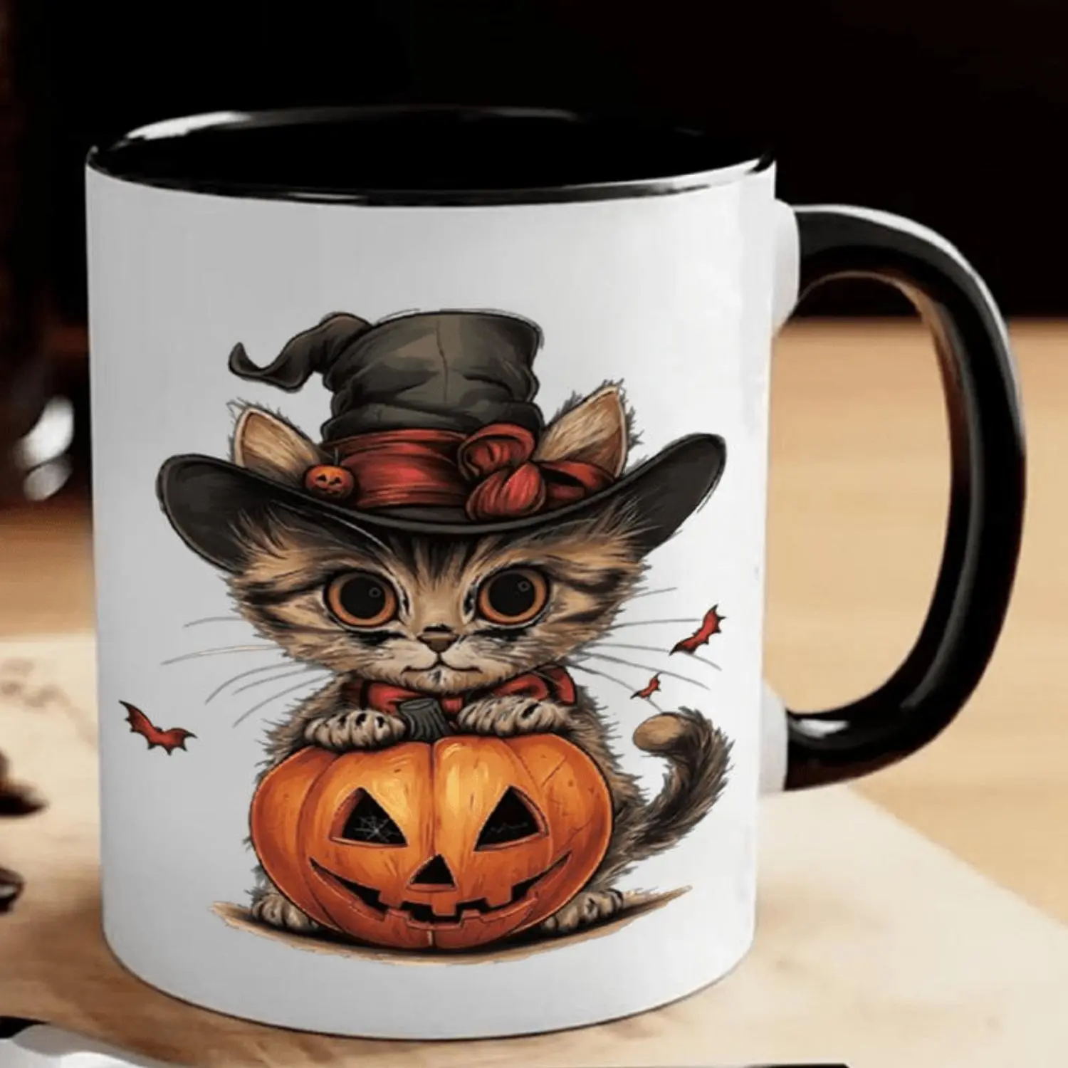 11oz Ceramic Coffee Mug Vintage 3D Kitten and Jack O Lantern Halloween Print Cute Cat Pumpkin Design for Home Office Party Gift for Coffee Lovers