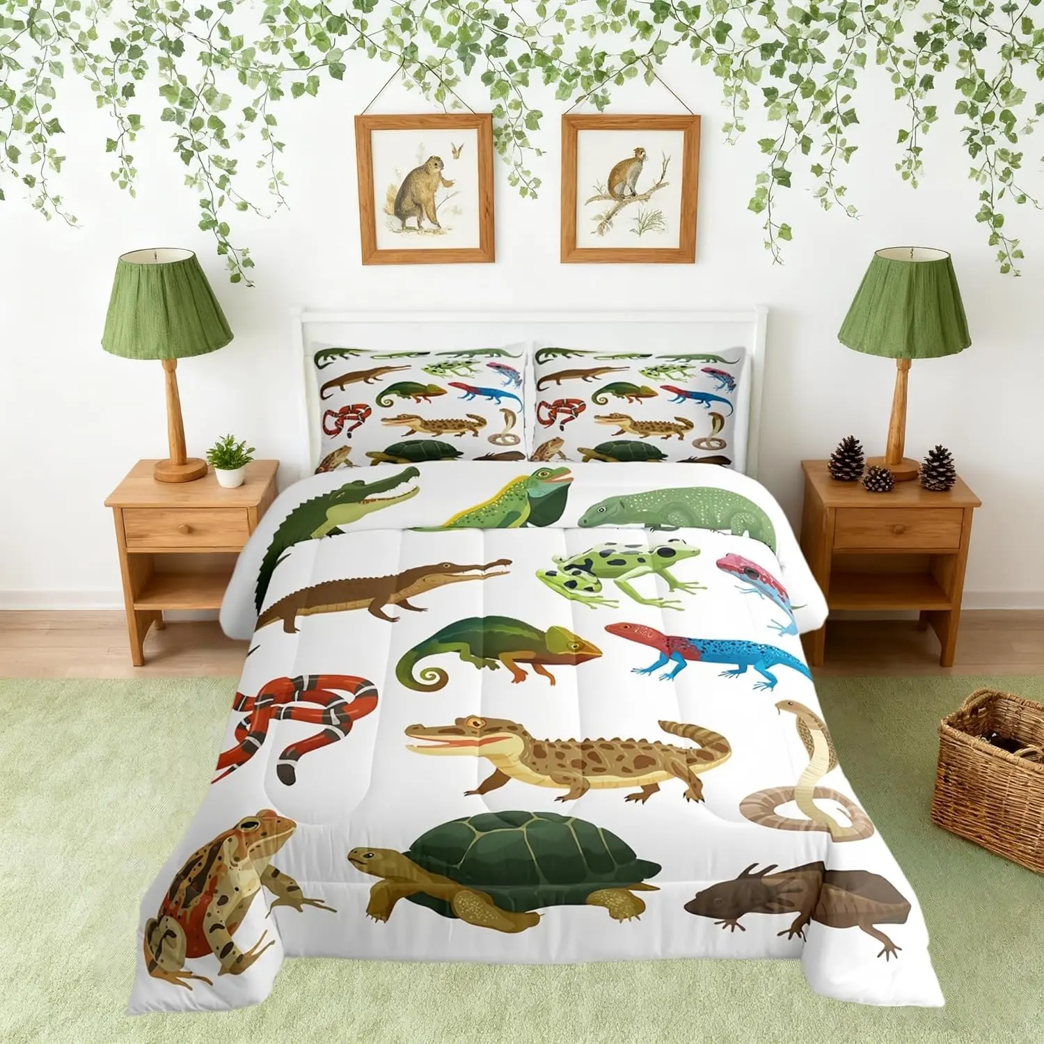 Animals Bedding Set,Crocodile Lizard Turtle Snake Comforter Set，Cartoon Zoo Wildlife Quilt Comforter,Green Yellow Room Decor All Season