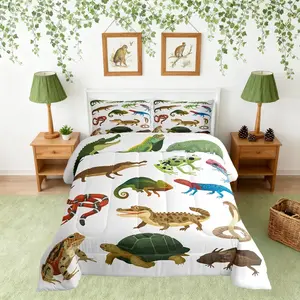 Animals Bedding Set,Crocodile Lizard Turtle Snake Comforter Set，Cartoon Zoo Wildlife Quilt Comforter,Green Yellow Room Decor All Season