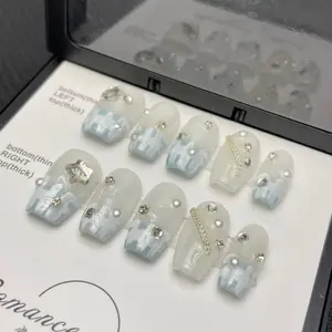 Blue French Plaid Star Rhinestone Removable Gel Nails - 10-Piece Multi-Size Handmade Art, Dainty Look, Easy Application, for Teens, Daily Wear/Party Look