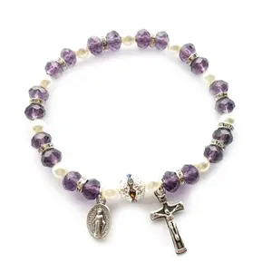 Crucifix Beaded Stretch Rosary Bracelet, Elastic Religious Jewelry for Women