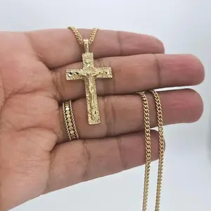Gold Crucifix Necklace, 14k Heavy Plated Gold, Fancy Diamond Cut, 2mm Curbs Style Chain, Lifetime Replacement Guarantee