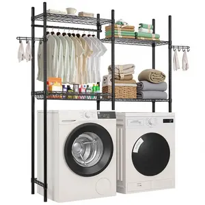 summervibes 4-Tier Over Washer and Dryer Storage Shelves, Laundry Room Drying Rack with Hanger Rod and Hooks, 2-Row Adjustable Space Saver for Laundry Room Organization, Black, Four Tiers
