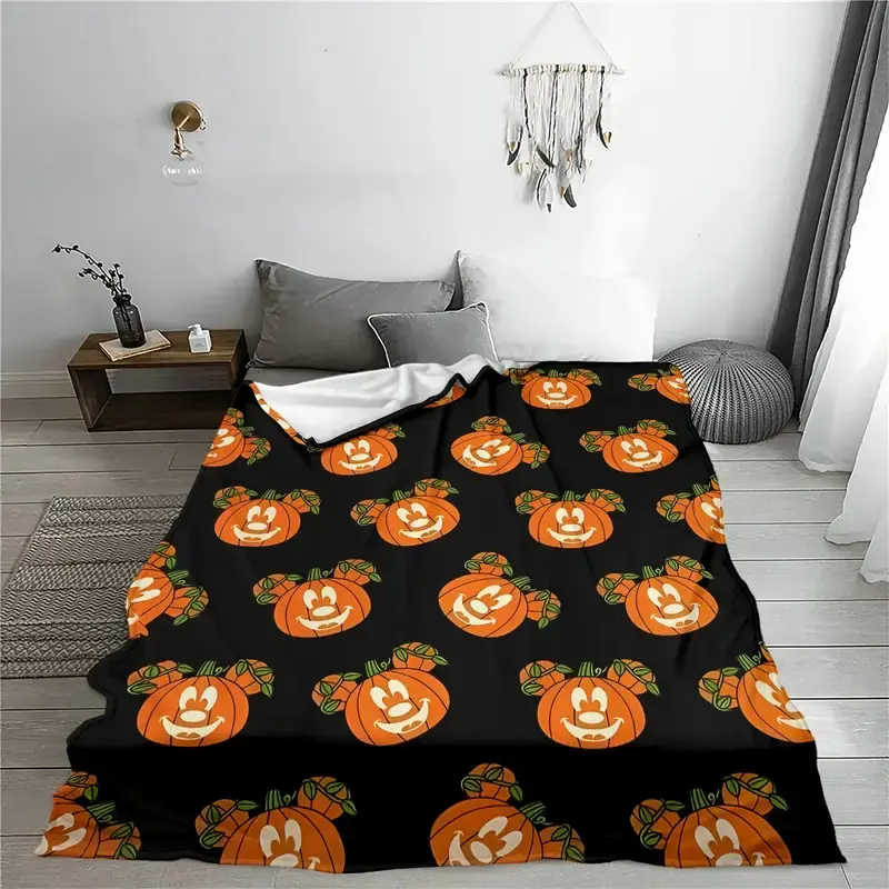 [SummerVibes] DISNEY CLASSIC Mickey Mouse Halloween Flannel Blanket - Soft Cozy Throw with Pumpkin & Autumn Leaf Design, All-Season Gift for Christmas, Birthdays, Home Decor, Halloween Blanket