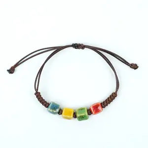 Ceramic Square Bead Bracelet (Multicolor Glaze, Cube Design, Adjustable Cord)