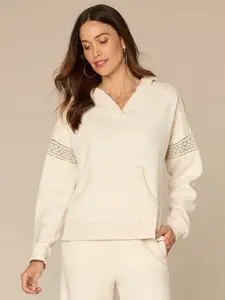 Long Sleeve Mixed Media Petite Knit Hoodie with Blanket Stitch