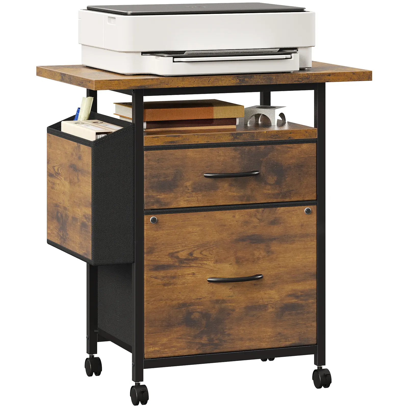 24'' Extended Desktop Rolling File Cabinet, Mobile Fabric Drawer Organizer & Printer Stand, Space-Saving Home Office Storage for A4/ Size