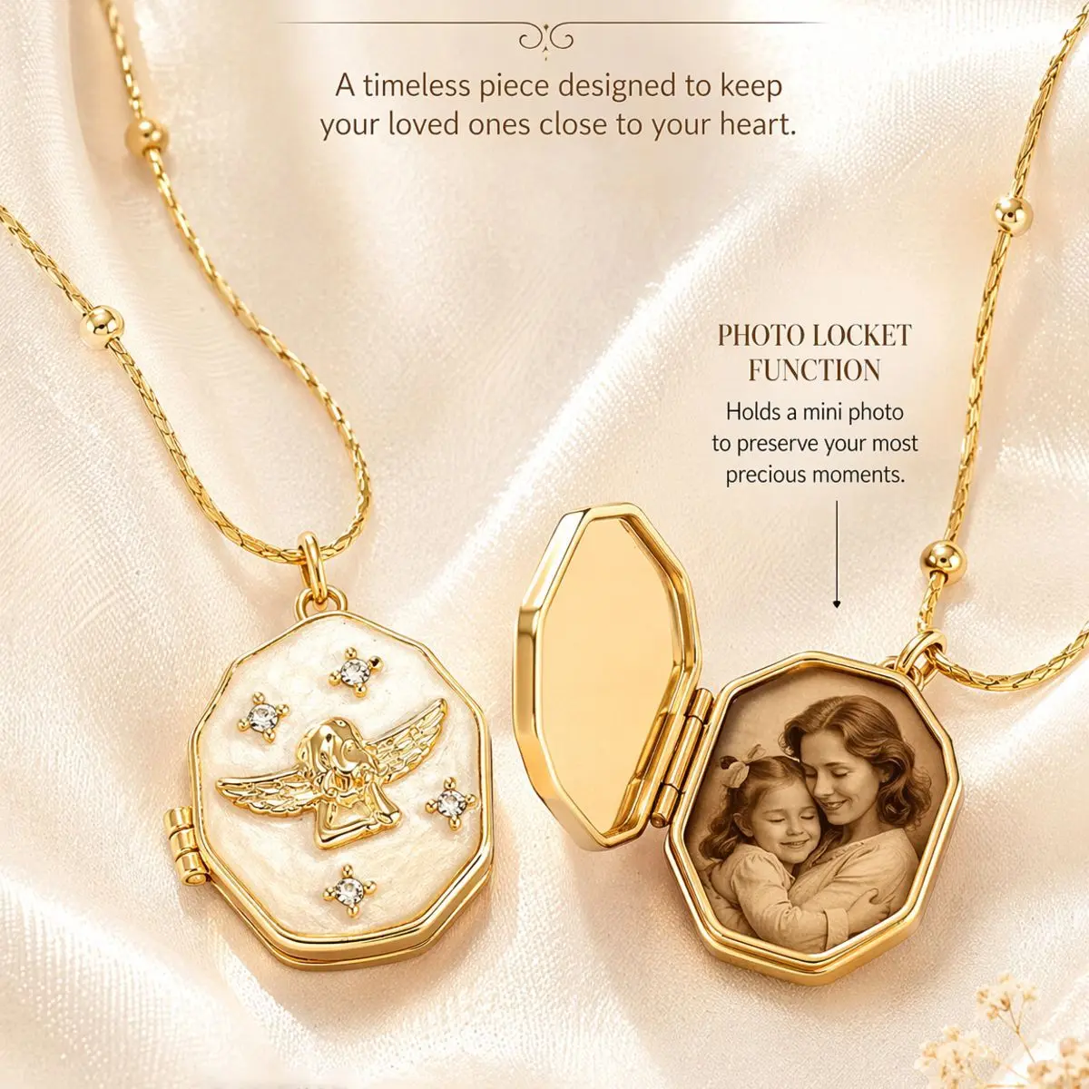 Vintage Photo Locket Necklace for Women – Angel Pendant Keepsake Necklace with Mini Picture Frame, Gold Memory Locket Jewelry Gift