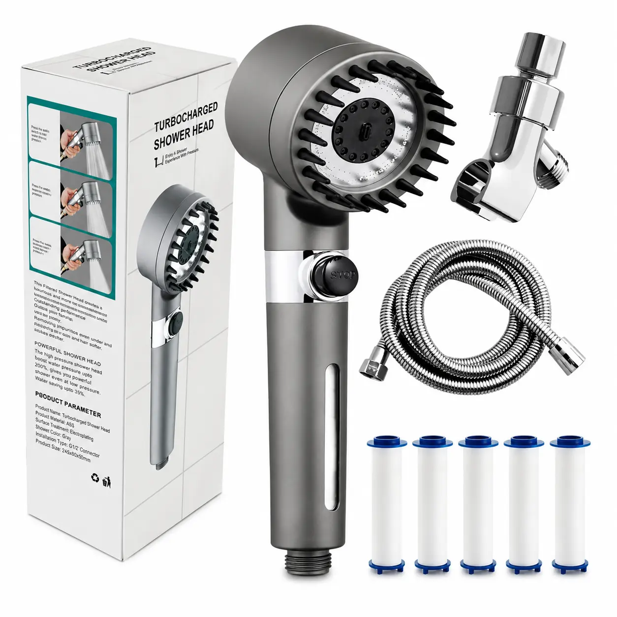 Chrome Handheld High-Pressure Water Filtration Shower Head Set, Eco-Friendly with 5 Replacement Filter Cores, Adjustable Spray Modes, Compatible with Handheld Shower Attachments