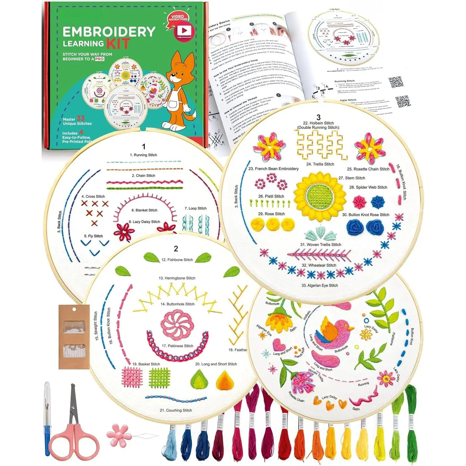 Beginners' 4-Pack Embroidery Kit for Women, Teens & Adults - Vibrant Design Patterns, 33 Stitches, Easy-to-Follow Video Tutorials, Synthetic Thread Floss, Cross Stitch Hoop (AZA100), Create Stunning Pieces, Easy-To-Follow Instructions