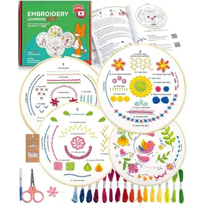 Women's Beginner Embroidery Kit (4-Pack, AZA100) - 33 Different Stitches, Vibrant Patterns, Thread Floss, Cross Stitch Hoop, Easy DIY Video Tutorials, Relaxing & Rewarding Experience, Birthdays DIY Needlework Toy & Hobby