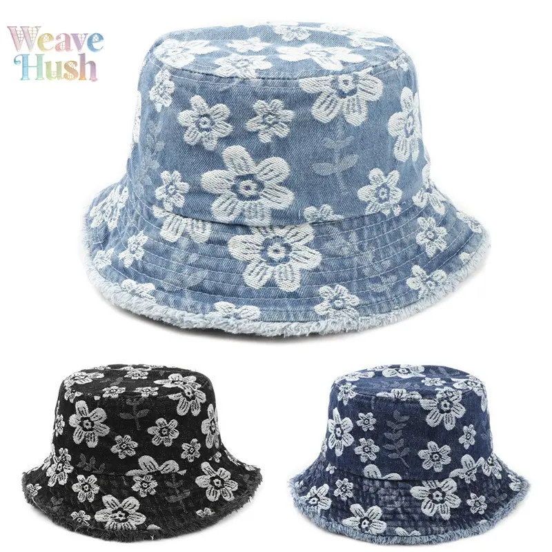 Women Bucket Hats, Floral Embroidered Denim Hat, New Fresh Style Washed Denim Bucket Hat with Frayed Edges, Retro Distressed Headwear, Soft Breathable Cap, Ideal for Daily Wear, Travel, Street Style and Outdoor Photoshoot