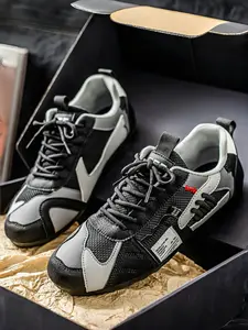 Plus Size Men's Black-Gray-White Color-Block Tech Sneakers, Trendy Deconstructed Style, Mesh Paneling + Non-Slip Sole + Label Details, Color-Block Unique, Plus Size Friendly , Ideal for Plus Size Men's Daily Outfits & Street Leisure Scenarios