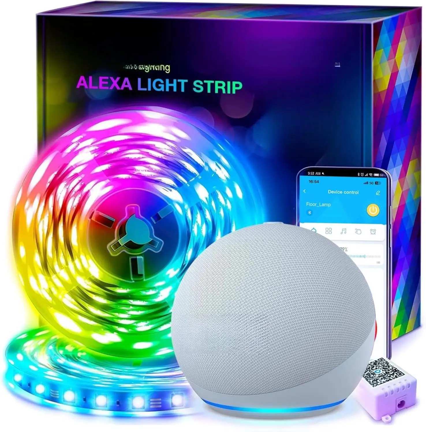 Smart LED Strip Lights with App Remote and Voice Control, RGB Music Sync Light Strip for Bedroom Decor, Multicolor Wireless Lighting Compatible with Alexa for Custom Ambiance