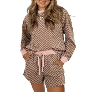Women’sCheckerboardLongSleevePulloverandDrawstringShortsSet,TwoPiece2025FallOutfits
