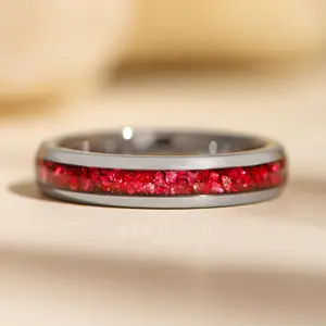 Silver Tungsten Ring with Red Lab-Created Garnet Inlay - 4MM