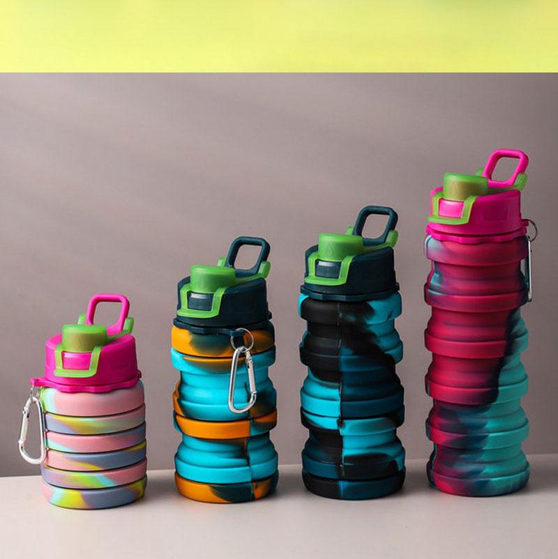 Outdoor Sports Silicone Foldable Water Bottle for Camouflage Creative Travel Reusable Leakproof Water Bottle with Carabiner