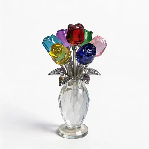 Eternal Reflective Ruby Crystal Rose Bouquet - 5.7in Palm-Size Luxury Decorative Purple-Red Artificial Flowers, Class of 2026 Gift for Daughter, Home Desk Vase Accent with Rainbow Glow of Success