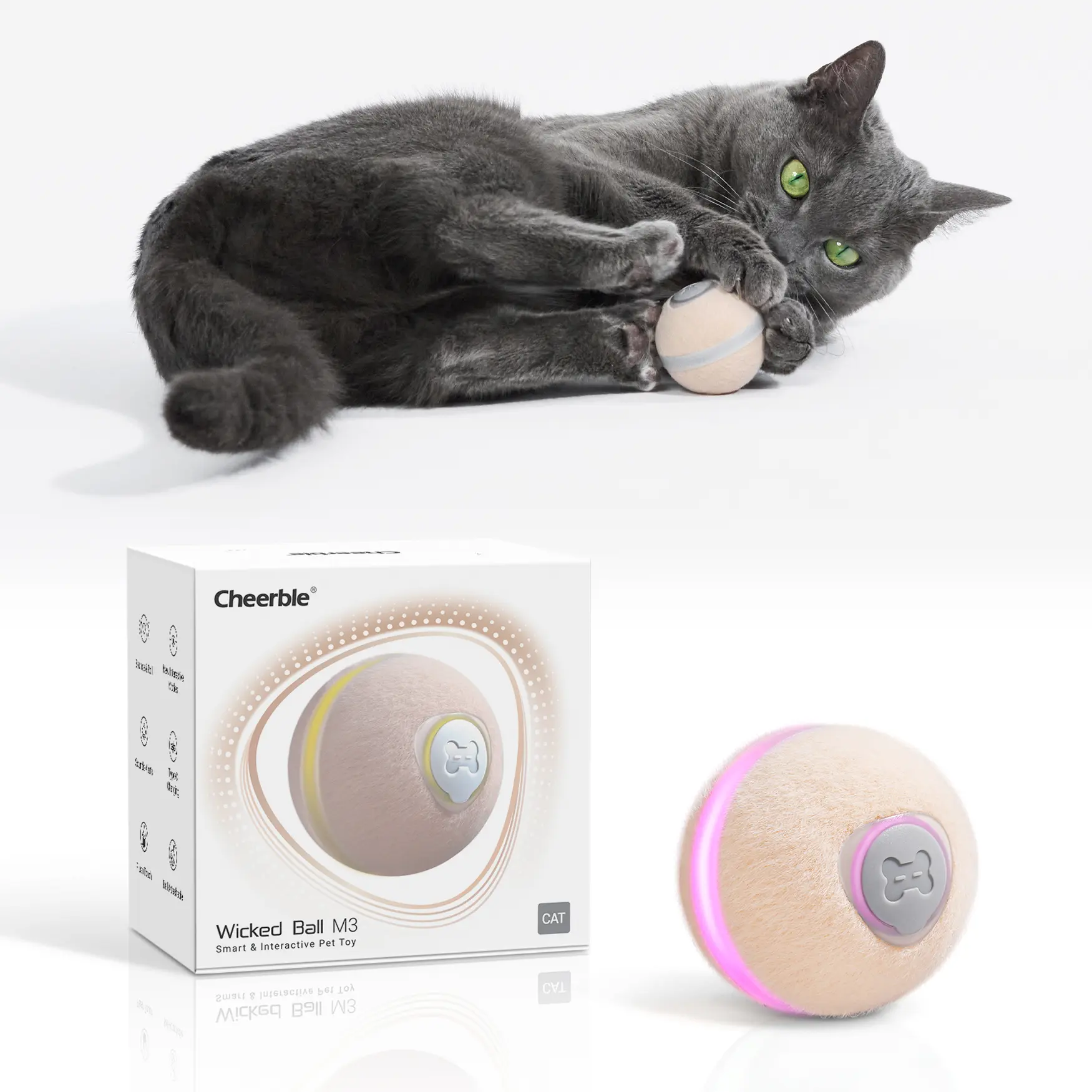Cheerble Interactive Cat Ball Toy, Wicked Ball M3, Automatic Interactive Cat Toys for Indoor Cats with 3 Modes, Rechargeable Cat Enrichment Toys for Small/Medium/Large Cats to Keep Them Busy