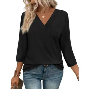 3/4 Length Sleeve Womens Tops V Neck Casual Tunic Tops Basic Shirts Loose Fit Blouse