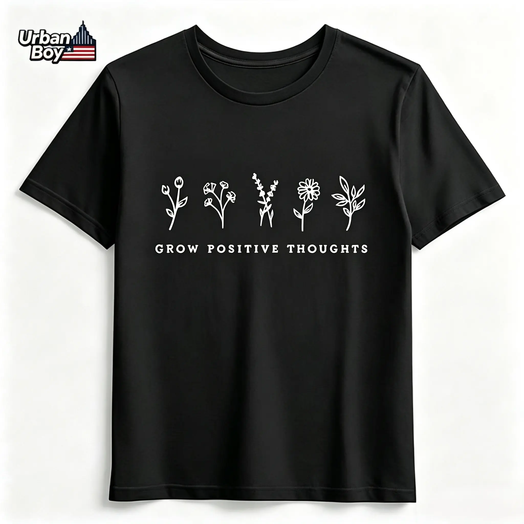 100% Cotton Grow Positive Thoughts Floral Graphic T-Shirt, Minimalist Botanical Inspirational Quote Crew Neck Short Sleeve Casual Tee for Women and Men backtoschoolshopping