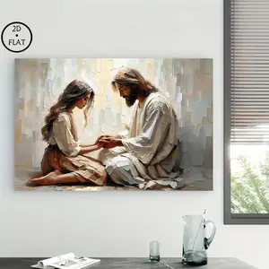 Modern Faith-Themed Canvas Wall Print - Jesus and Lady Hand-in-Hand Religious Artwork, Inspirational Biblical-Themed Decor, Religious Quote Wall Ornament for Home Indoor Use, Biblical-Themed Prints