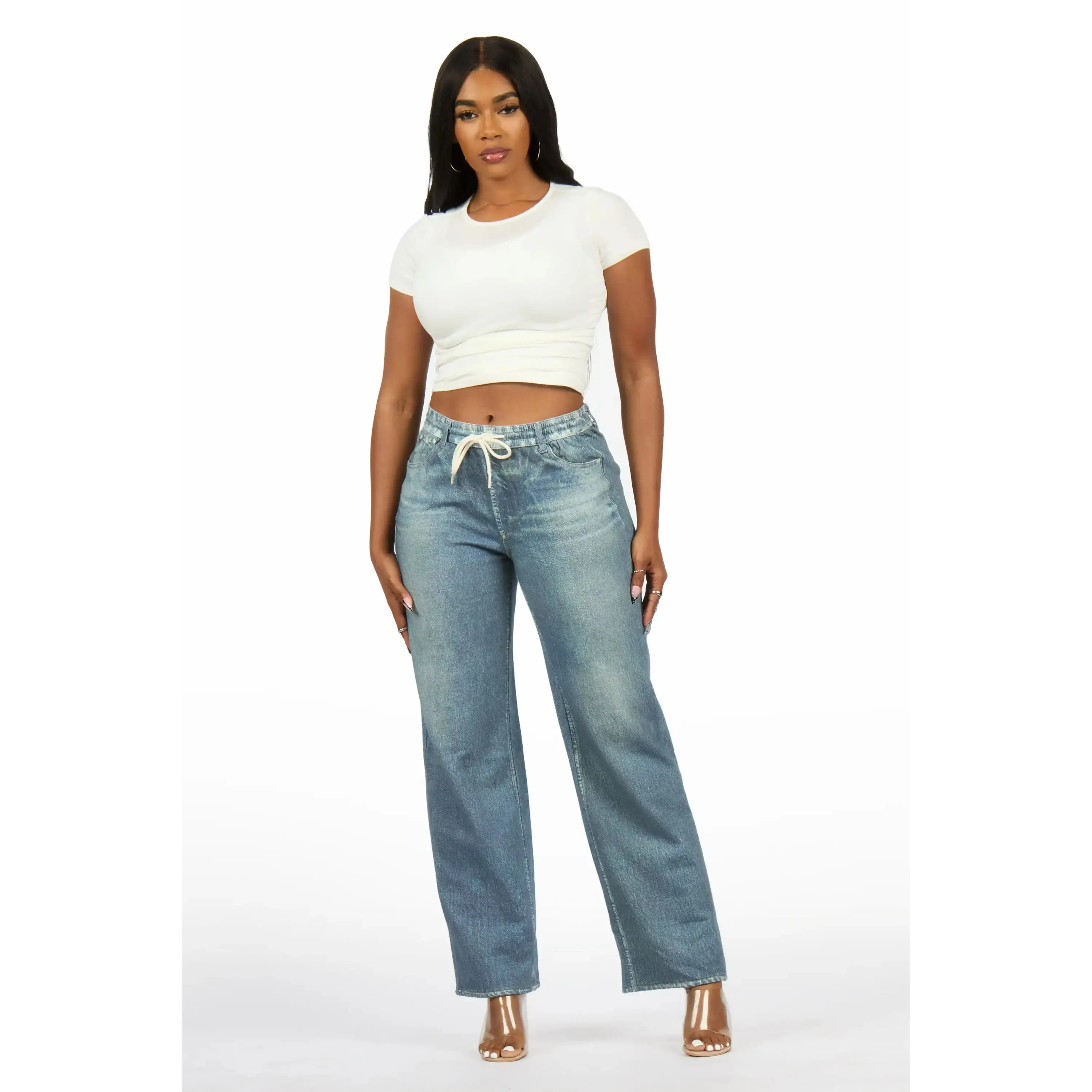 Audrea Med. Wash Denim Print Stretch Terry Sweatpant Jean Audrea Med. Wash Denim Print Stretch Terry Sweatpant Jean