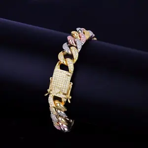 [ICE HUE] 18K Gold Vacuum Plated Copper Cuba Bracelet with 5A+ Sri Lanka Zircon Full Diamond & Micro Accents, Hip Hop Style Luxury Costume Jewelry for Women, Daily Wear & Gift Idea, Zircon Accents