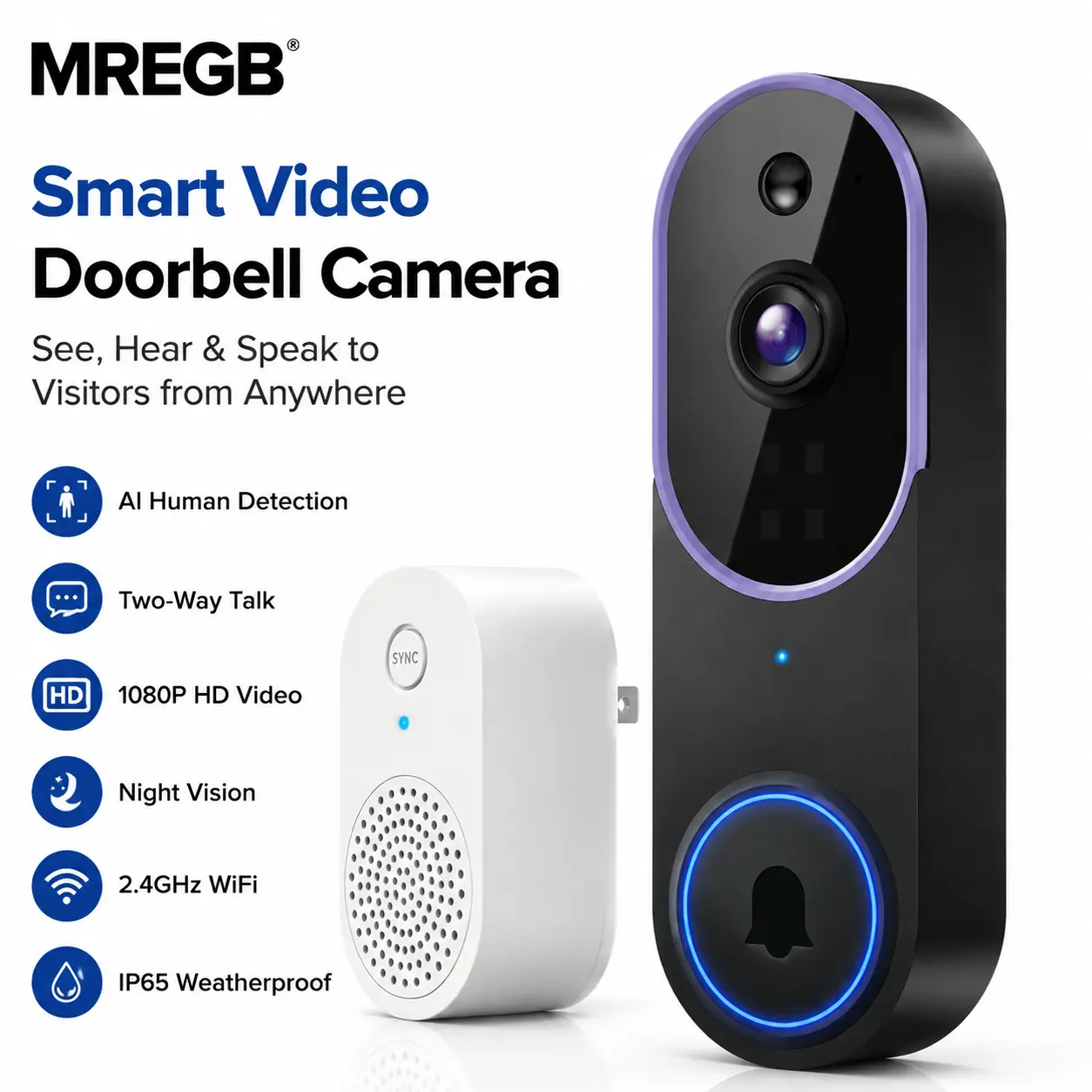 MREGB Wireless Video Doorbell Camera 1080P AI Human Detection Night Vision Instant Alert Two Way Audio Rechargeable Battery Cloud Storage 2.4G WiFi Easy Setup