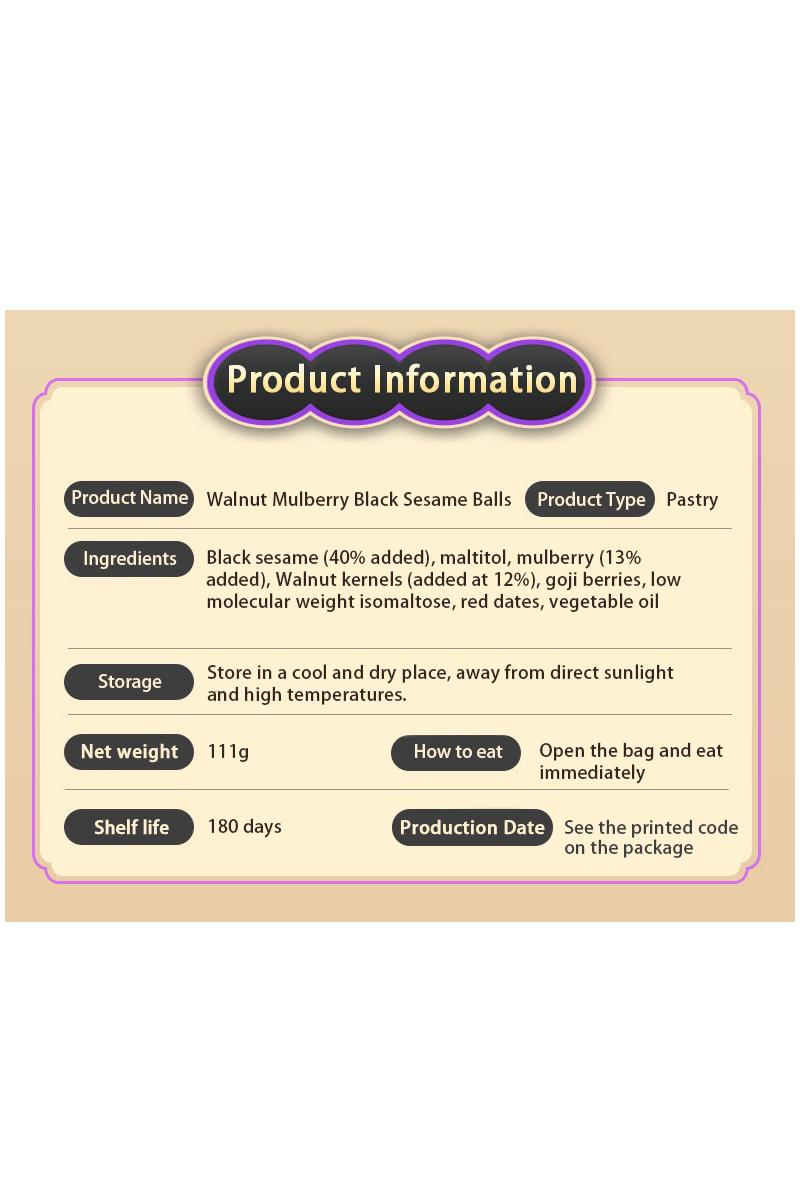 Jinjiazhuang Low-GI Walnut Mulberry Black Sesame Balls - Nourishing Snack with Prebiotics, No Sucrose, No Artificial Flavors or Colorings
