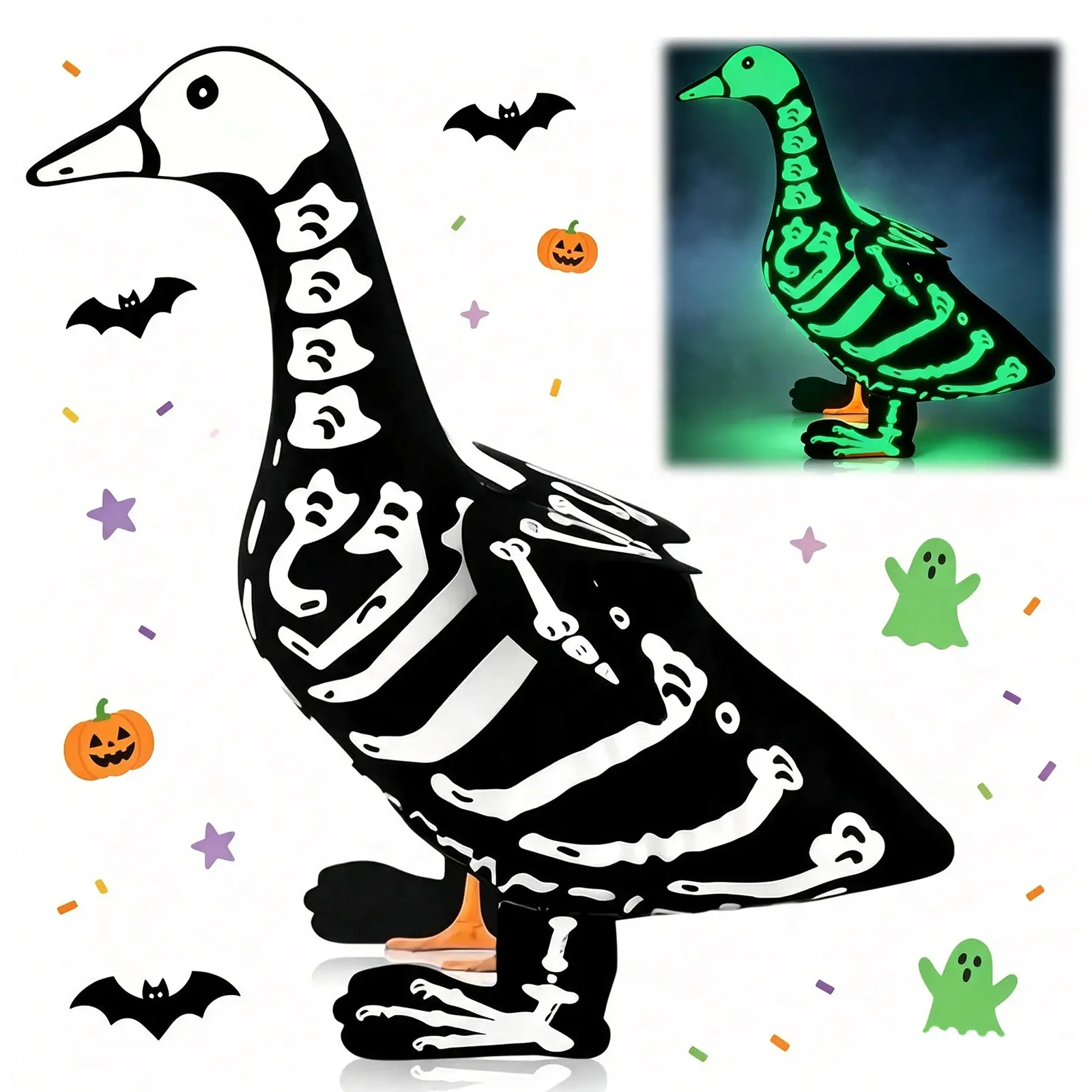 Women's Spooky Snug-Fit Thick Polyester Sleeveless Skeleton Motif Halloween Goose Costume - Glow-in-the-Dark Outfit for 23'' Cement Porch Goose Statue, Outdoor Patio Yard Decor Accessory