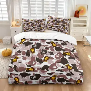 Hypebeast Streetwear Cartoon Monkey Camo Duvet Cover Set, Including 1 Duvet Cover and 1-2 Pillowcases Coreless, Trendy Hip Hop Fashion Bedding Set with Pillowcases, Soft Comfortable Street Fashion Bedroom Decor for Streetwear Fans