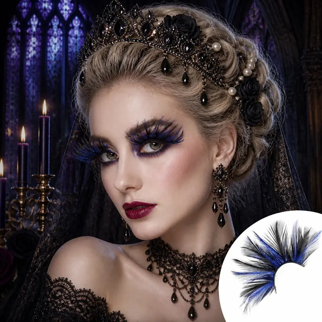 Dorisue Blue Spike Feather Eyelashes Dark Rave — EDM Festival Ocean False Lashes for Alt Fashion, Stage, Cosplay