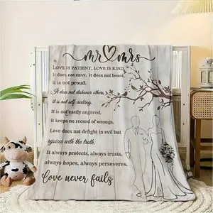 Mr & Mrs Wedding Blanket Couples - Soft Flannel All-Season Throw With Love Quotes, Bride & Groom Silhouettes & Tree Design - Anniversary, Bridal Shower, Newlyweds Keepsake, Wedding Gifts, Birthday Mother's Day Size 70x140cm/27. 56x55. 12 In