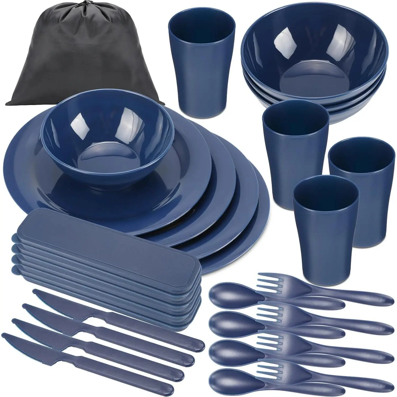 29-Piece Camping Cutlery Set for 4, PP Plastic Stackable Compact & Convenient Camp Mess Kit with Unbreakable Plates, Cups, Bowls, Knives, Spoons, Forks, Lightweight Utensils, Easy-to-Carry Black Bag, Dishwasher Safe for Camping, Travel