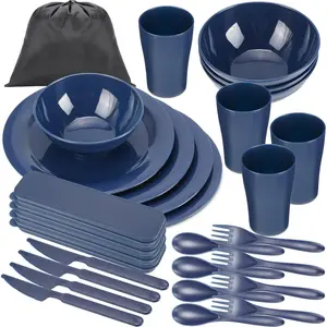 29 pcs camping cutlery set of 4 camping mess kit tableware set unbreakable plates cups bowls cups knives spoons forks utensils with black bag for travel picnic outdoor dishwasher safe