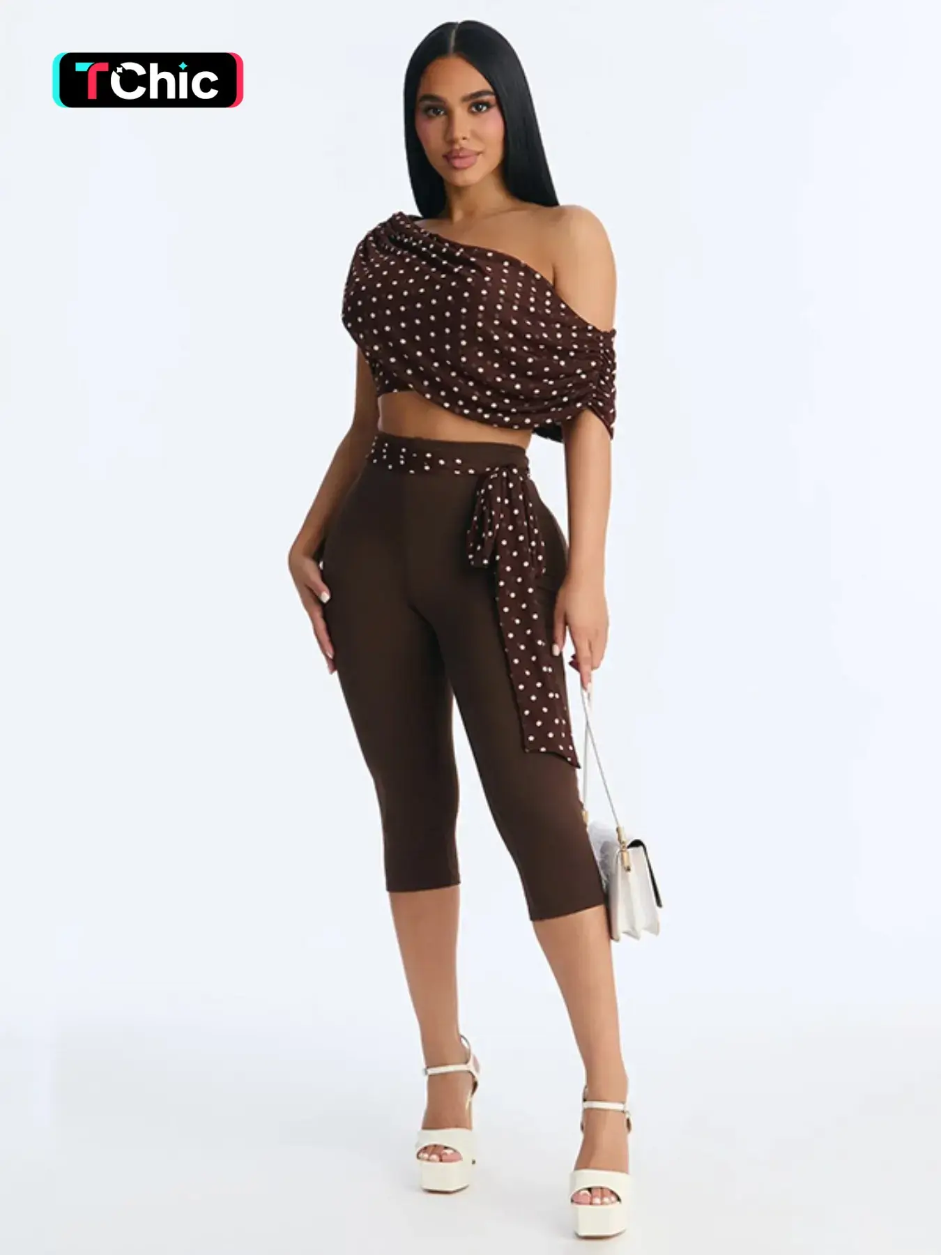 Women's Two-Piece Polka Dot Crop Top & Retro Ribbon Decor Slim Fit Capris Pants Set, Casual Chic Set, Casual Everyday Set, Aesthetic Vintage Fashion Street Style, Perfect for Vacation & Parties
