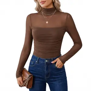 Women's Mesh Long Sleeve Bodysuit Mock Neck Sheer Leotard Top - Sexy High Waist Shapewear Tummy Control Jumpsuit - Fall Fashion Streetwear 2026