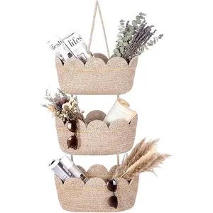 Over The Door Baskets 3 Tier Scalloped Basket Organizer for Nursery Woven Cotton Wall Mounted Organizer Decorative Boho Baskets for Laundry Room Apartments Door