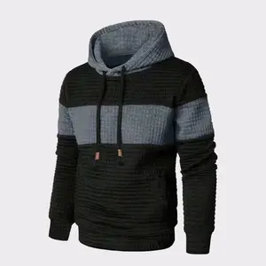 Men's Jacquard Colorblock Long Sleeve Hoodie with Patchwork Contrast Color, Casual Everyday Wear, Stylish Streetwear for Men Menswear Sweatshirts Tops Pullover Fashion Black And Gray