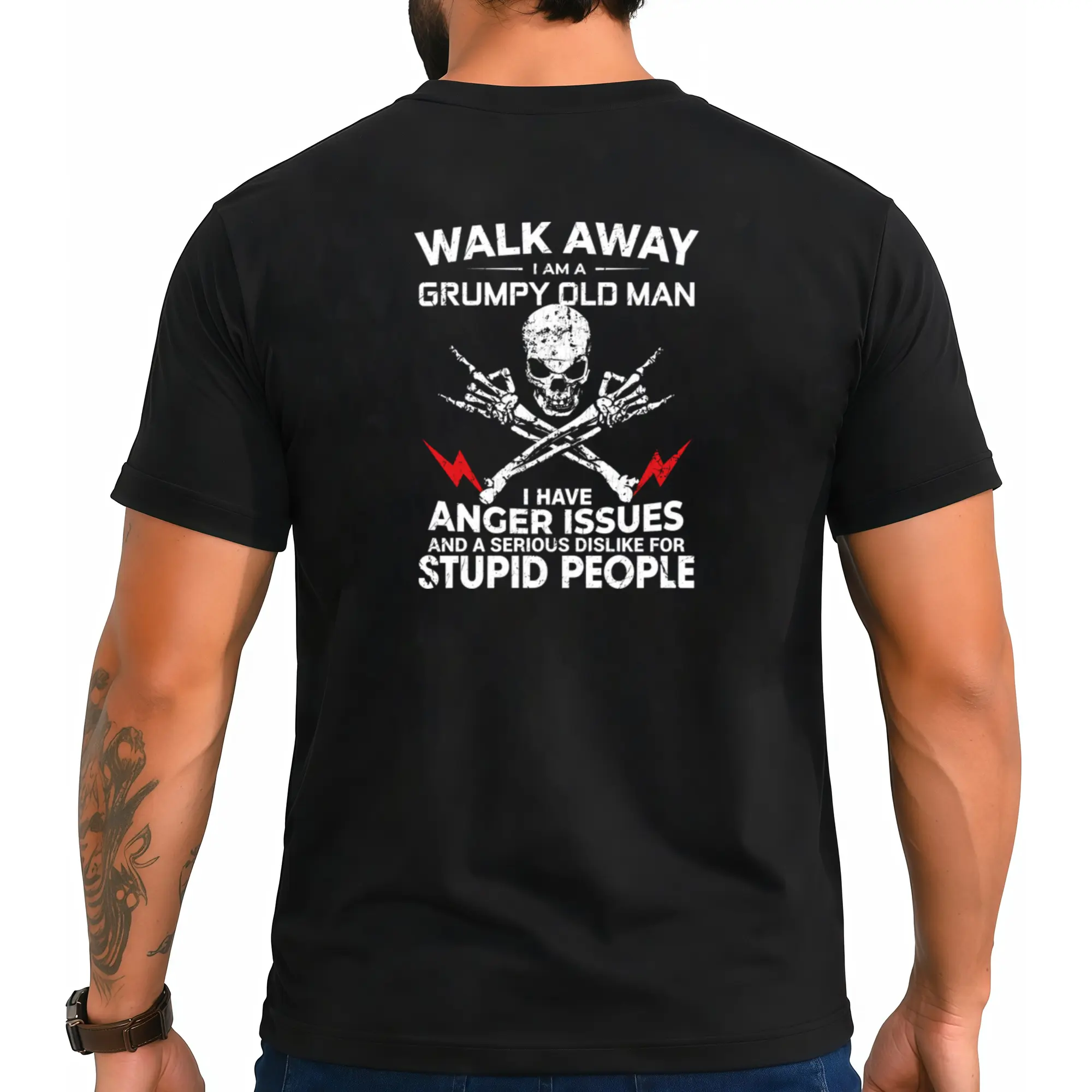 Grumpy Old Man Attitude Slogan Worn Skull Skeleton Hand Crossbone Back Print T Shirt Funny Warning Quote Retro Grunge Graphic Basic Short Sleeve T Shirt Suitable For Biker Fans Humor Lovers Casual Daily Outfit