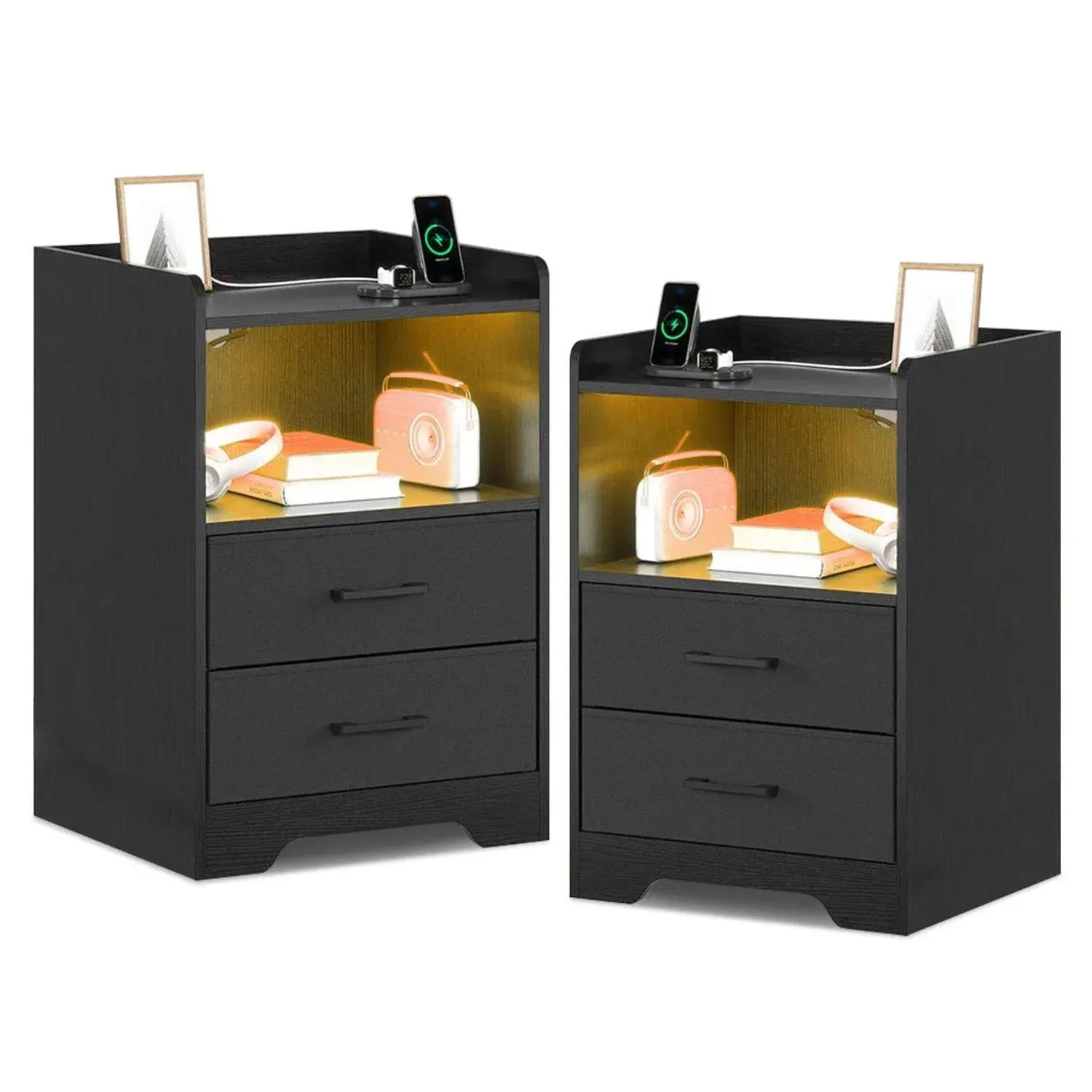 SIKAIC 2PCS LED Nightstand Tables, Modern Accent Tables with 2 Storage Drawers, Black Lighted Vanity Indoor Furniture, Nightstand Table