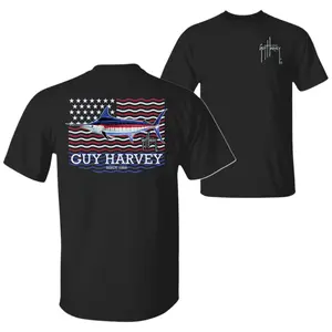 Guy Harvey American Flag Marlin T-Shirt, Patriotic Shark Graphic Tee, Soft Cotton Blend Shirt, Fishing Apparel for Men & Women, USA Wildlife Gift