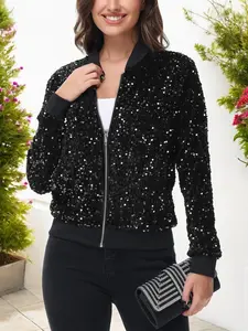 Women's black sequined baseball jacket, trendy and eye-catching style, short design, suitable for young women, ideal for occasions such as street outings and parties