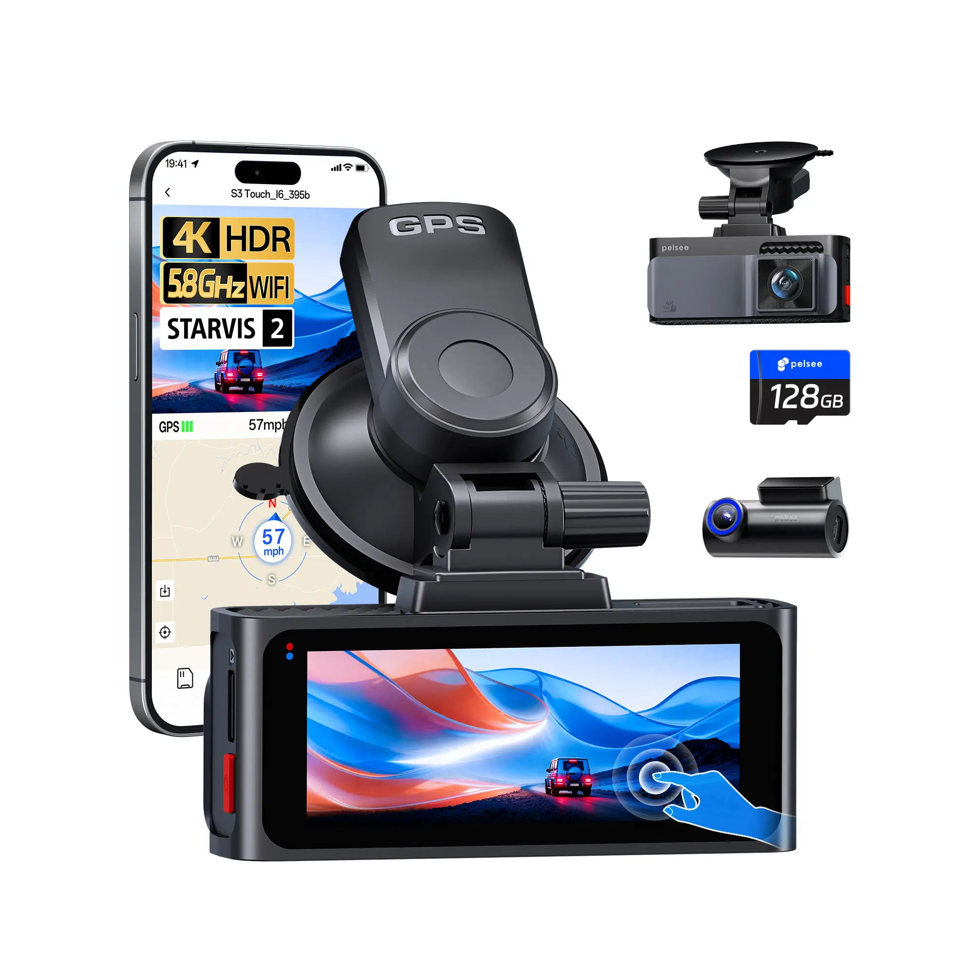 Pelsee S3 Touch 4K Dash Cam Front and Rear, STARVIS 2 Sensor, STARLIT Full Color Night Vision, 128GB Card, WiFi 6, ADAS, Dash Camera for Cars with 3.39"IPS Screen, Voice Control, 24H Parking Mode GPS