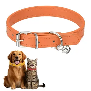 PETAXCELL Dog Collar with Bell, Pu Leather Cat Collars Pet Basic Soft Padded Adjustable Buckle, 14.5" (Orange, 1pcs), Intended for Teacup / Little Dog / Kitten Cats / Small Animals