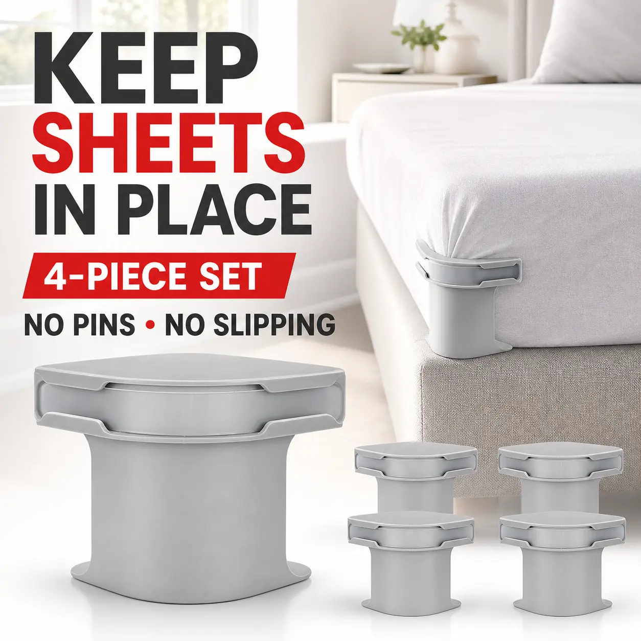Bed Sheet Clips Set of 4, Invisible Adjustable Sheet Fasteners, Anti-Slip Holders to Prevent Sheets & Comforter from Shifting, Pin-Free, Lightweight & Compact