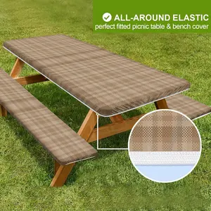 3pcs Brown Beige Plaid Outdoor Tablecloth, Camping & Picnic Rectangular Table Cover for 4ft/6ft/8ft Tables, Multiple Specifications Available, No Furniture Included